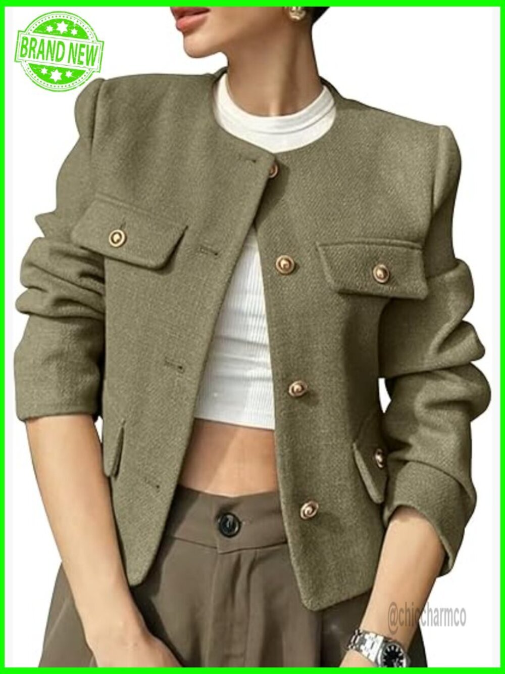 Cropped Tweed Blazer Jacket Long Sleeve Button Down Business Casual Outfits